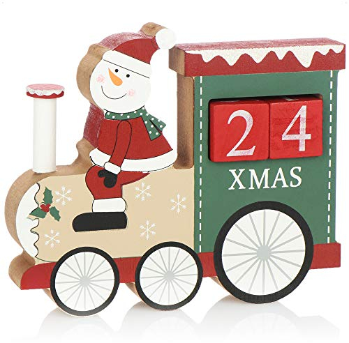 COM-FOUR® Adventskalender aus Holz - Würfelkalender in Zug-Form - dekorativer Tischkalender als Countdown bis Weihnachten - Holzblockkalender (Zug - Schneemann)