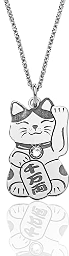 AKA Gioielli® - Halskette mit Glückskatze Anhänger 925 Silber Rhodiniert, Maneki Neko Japanische Glücksbringer Lucky Cat