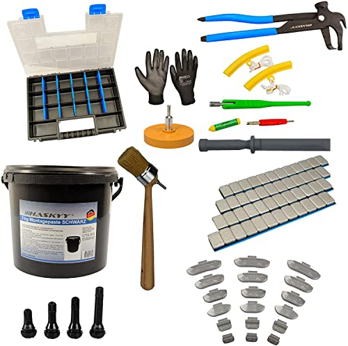 336 tlg. Reifen-Montage-Paste-Schwarz-Set Auswucht-Klebegewichte Gummiventile Wekzeug Set Folienradierer Ventildreher Ventileinzieher Pinsel