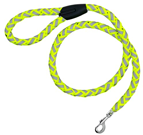 Gepolsterte Hundeleine reflektierend mit Griff, 1,2 m x Ø2cm, für das tägliche Gassigehen und Trainieren, passend für kleine, mittelgroße und große Hunde (Neongelb)