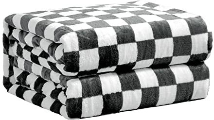 FY FIBER HOUSE Karrierter Flanell-Fleece-Decke Weich und Gemütlich Karo-Gitterdruck Schachbrettmuster Gingham-Muster Decke für Bett, Couch, Sofa, 60x80 (152 x 203 cm), Schwarz