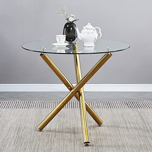 TRESBIEN Round Glass Dining Table with Tempered Glass Top and Tripod Metal Leg, Round Kitchen Table for Restaurant 90 x 90 x 75 cm (Chrome Gold)