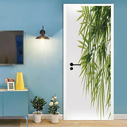 A.Monamour Adesivo Porta Autoadesiva 3D Foglie Di Bambù Su Sfondo Bianco Vinile PVC Adesivi per Porte Interne Pellicola Adesiva Poster Sticker Murale Parete Carta da Parati