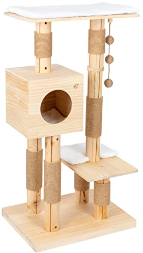 VOSS.pet Kratzbaum Momme 117cm, Premium Massivholz Katzenkratzbaum mit Plattformen und Echtholzstämmen aus Kiefer