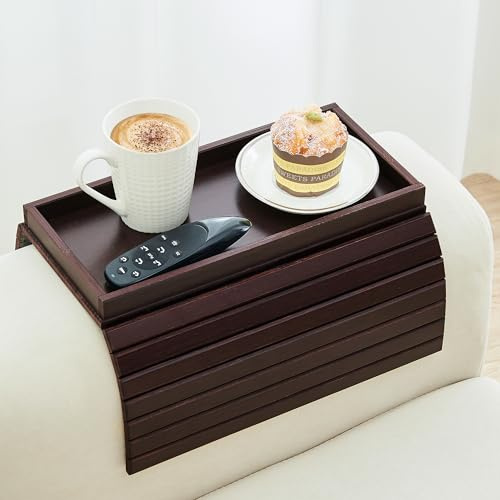 GEHE Bambus-Sofa-Armtablett, Faltbarer Couch-Arm-Tablett, Beistelltisch, Armlehnentische, Getränkehalter für Snacks, Getränke, Bier, Telefon, Steuerung, flexibel und tragbar, rutschfeste Unterseite
