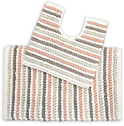 Allure Striped Chunky Bobble Two Piece Bath Mat & Toilet Mat Set, Handwoven, Cotton Blend, Pom-Pom Design (Blush)