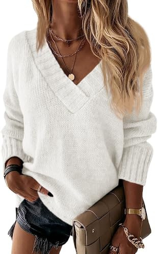 Wenrine Damen Pullover Winter Langarm V-Ausschnitt Strickpullover Sexy Lose Einfarbig
