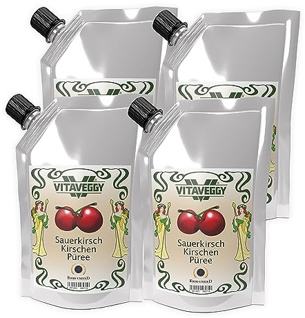 VITAVEGGY SAUERKIRSCHEN-PÜREE 4x1kg Fruchtpüree aus Sauerkirschen von Food-United sour-cherry-puree für Kirschsaft Sauerkirsch-Smoothie Kirschen-Cocktails ohne Aroma- und Konservierungsmittel (4)
