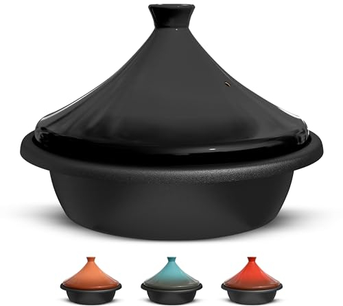 Kook Moroccan Tagine, Preseasoned Cast Iron Cooking Pot, Tajine with Ceramic Cone-Shaped Closed Lid, 3.3 QT (Matte Black)