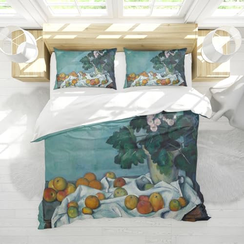 Bettwäsche im Stil von Paul CéZanne 3-teiliges Stillleben mit Äpfeln und einem Topf mit Primeln, 1890 Schlafzimmer-Bettwäsche-Sets mit 2 Kissenbezügen 180 x 220 cm