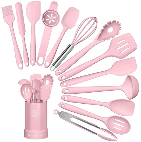 Küchenhelfer Set, 14-teiliges Silikon Kochutensilien Kochbesteck Set, Hitzebeständiger Kochgeschirr mit Utensilienhalter, Antihaft Kochset Küchenutensilien, Spülmaschinenfest - Rosa