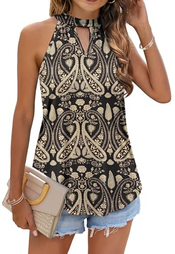 WNEEDU Damen Tank Tops Sommer Neckholder Ärmellos Oberteile Rundhals Schulterfrei Elegant Blusen Top Shirts Boho Floral Schwarz1 L