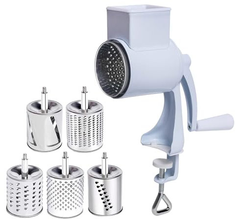 predolo Corn Mill with Table Clamp Rotary Cheese Shredder Long Handle Multifunction Kitchen Food Mill Nut Chopper for Dried Fruit, White Five Blade