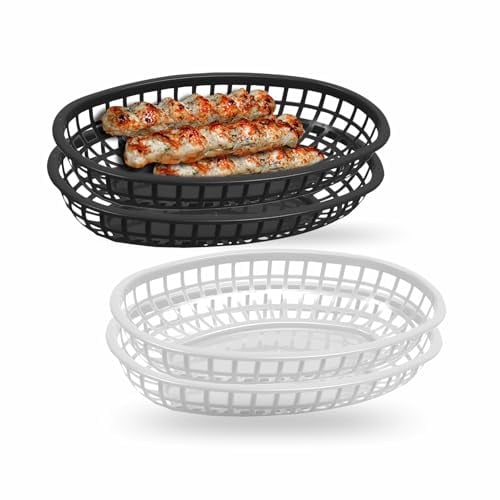 Serving Basket Reusable Fast Food Plastic Tray Oval Mesh Basket Ideal For Fries Chip Hot Dog Burger Sweets Fruits Barbecue Sandwiches Outdoor Picnics Summer Party Assorted Color L13.5xw22.5xd4cm (4pc)