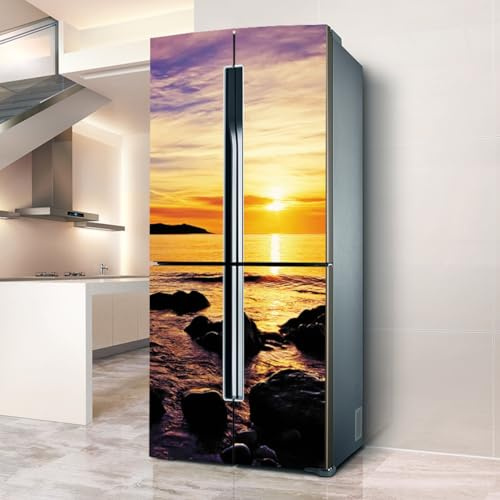 Fridge Wraps Kitchen Fridge Stickers Cover Full Doors, Fridge Sticker Full Covering Door Fridge Covers Decor, Freezer Skins Wall Stickers for Kitchen Decal, Sunset Seascape Reef