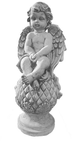 FABRIQ Engel auf Kugel 38 cm – 7 kg Steinguss – Handbemalt – Wetterfest & frostsicher – Grabengel & Gartendeko