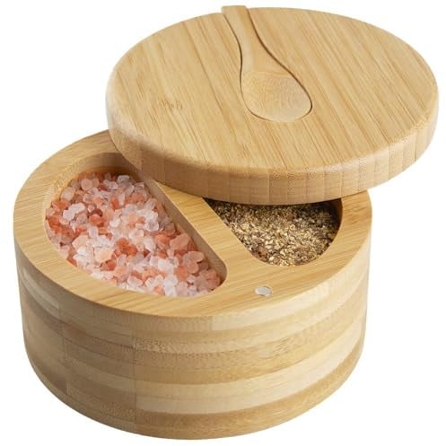 Pojedehy 1Set Seasoning Box with Swivel Lid Bamboo Salt Cellar 2-Compartment Salt Pepper Bowls Wood Color +Lid and Spoon