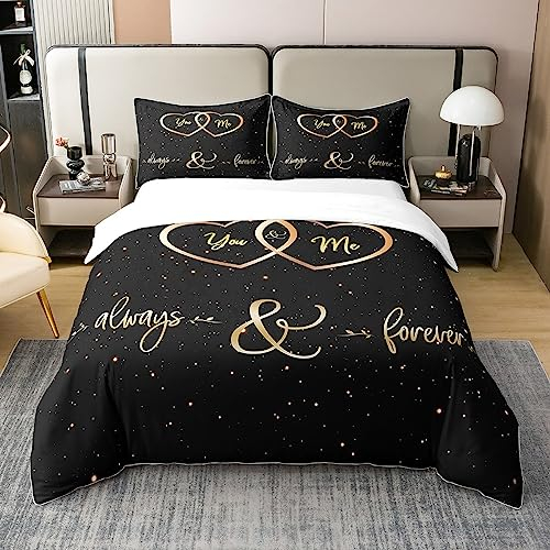 Loussiesd Mr Mrs Bettwäsche Sie und ich für Paar Liebhaber Männer Lustige Zitate 100% Baumwolle Bettwäsche Set 135x200cm Gold und Schwarz Romantische Hochzeit Thema