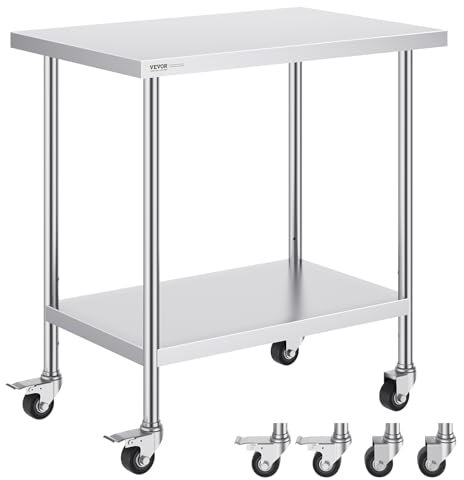 VEVOR Arbeitstisch aus Edelstahl, 610 x 914 x 954,6 mm, Zubereitungstisch mit 4 Rädern, 3 einstellbaren Höhenstufen, Arbeitstisch zur Lebensmittelzubereitung für gewerbliche Küchen und Restaurants