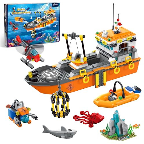 AKWME Juego Construcción Barcos City Ocean Explorer, Juego Construcción Barco Exploración con Luces LED, Helicóptero, Submarino y Jaula Tiburones, Regalos Cumpleaños para Niños y Niñas 6-12 Años