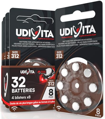 32 Batterie per Apparecchi Acustici Udivita Misura 312 (Marroni) PR41 Zinco Aria con Phono Pulse Technology - 4 Blister da 8 Pile