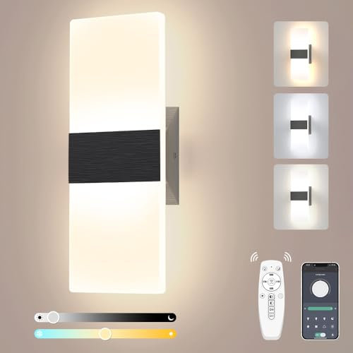 Sytmhoe Schwarze Wandlampe Innen Dimmbar 12W 960LM Wohnzimmer Schlafzimmer Flur Moderne Wandleuchte Mit Fernbedienung, Warmweiß Naturweiß Kaltweiss Acryl Aluminium Gebürstet Küche Led Wandlichter