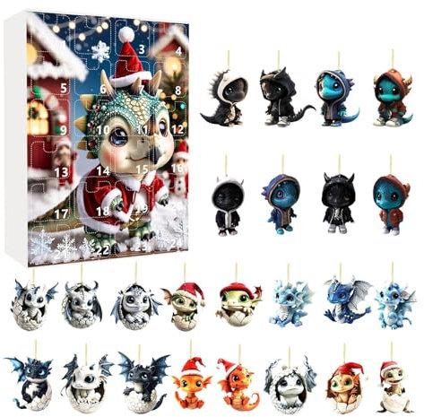 Blue Dragon Adventskalender 2024 | 24-Tage Weihnachts Countdown Kalender 2024 | 2D Flache Acryl Drachen Ornamente Weihnachtsbaumschmuck | Drachen Anhänger Deko Weihnachts Adventskalender 2024