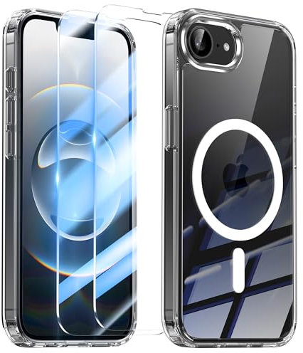 YisrLery 3-in-1 Kompatibel mit iPhone 16E Hülle für Mag Safe mit 2 Stück Schutzfolie Militärnorm Schutz, PC Kratzresistente Rückseite TPU Bumper Magnetische für iPhone 16e 2025 Hülle - Klar