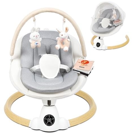 Baby Bouncer, Portable Electric Baby Swing with Bluetooth, 5 Swing Speed, 10 Lullabies, 5-Point Harness, Remote Control & Touch Panel - Bouncer from Birth for Indoor & Outdoor Use(Wood)