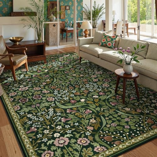 Moynesa Teppich, Blumenmuster, waschbar, grün, für Wohnzimmer, Boho, groß, weich, Schlafzimmerteppich, rutschfest, ultradünn, botanisch, für Innenbereich, Esszimmer, Heimbüro, Grün