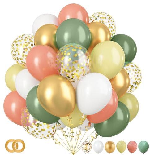 KOBOKO Luftballons Grün Rosa, 50 Stück Rosa Grüne Luftballons Geburtstag Set, Weiß Ballons Geburtstag, Retro Deko Salbeigrün Ballon Gold, Konfetti Ballons Gold für Taufe Hochzeit Babyparty Party Deko