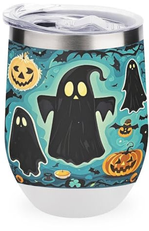 JTREWBV Verre à vin isotherme en acier inoxydable avec couvercle, motif fantôme noir, tasse de voyage isotherme pour garder le café et les boissons froides et chaudes
