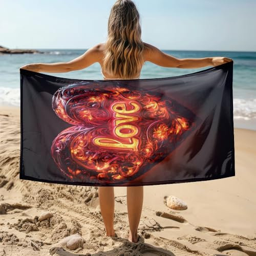Strandtuch 70X150 Schwarzer Liebesbrief Mikrofaser Handtuch Beach Towel,Strandlaken,Strandtücher,Picknickdecke wasserdichte Stranddecke, Stranddecke Sandfrei für Strand, Park, Camping, Wandern
