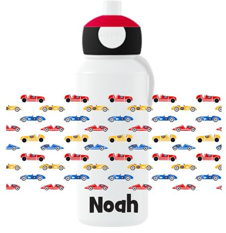 Mepal Personalisierte Trinkflasche mit Namen - Wasserflasche für Kinder Pop-up Campus - Rennwagen - Auslaufsichere Flasche für Schule - BPA-frei & Spülmaschinenfest - 400 ml - Rennwagen-Muster