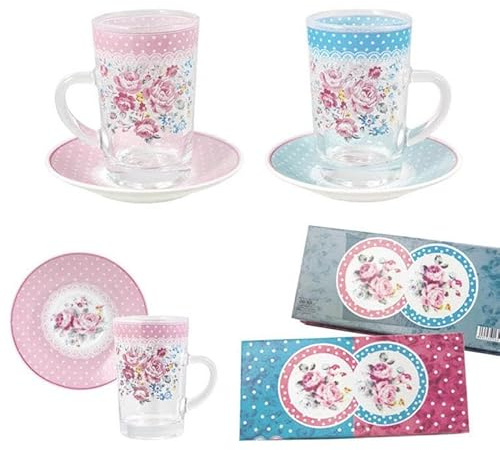 DRW Set 2 Tazas Cristal con Plato de Flores Rosa y Azul