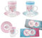 DRW Set 2 Tazas Cristal con Plato de Flores Rosa y Azul