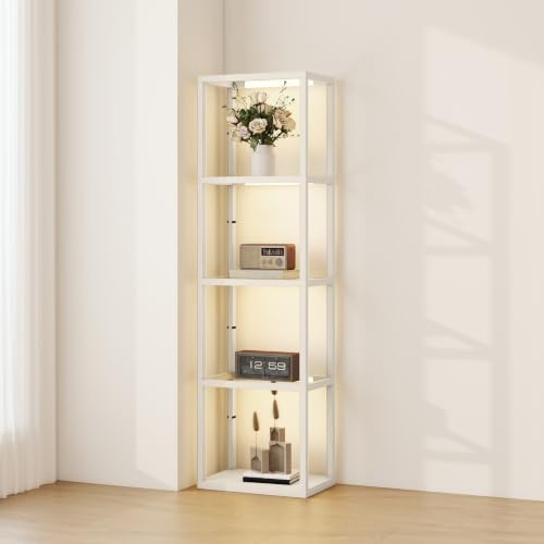 HOMCOM LED Floor Lamp with Glass Shelves 4 Layers Dimmable Bleached Oak | Tall Standing Lamp, Modern Column Shelf Floor Light, Living Room, Bedroom, Office