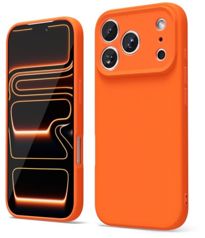 oakxco for iPhone 17 Pro Max Phone Case Liquid Silicone, Cute Thin Slim Grip Soft Rubber Gel for Women Men, Smooth Matte TPU Plain Solid Bright Color Girly Simple Case with Camera Cover, Neon Orange
