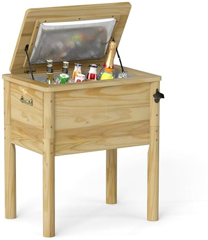 FANTASK Terrassenkühler Holz, 51 L rustikale Eistruhe mit 3 Griffen & Flaschenöffner & Abflussverschluss, Outdoor-Terrassenkühler für BBQ Cookouts, Garten, Terrasse, Pool, Party, 67 x 47 x 74 cm