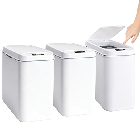 3 Pack Automatic Bathroom Bin with Lid 2.6 Gallon Small Touchless Motion Sensor Trash Cans Slim Waterproof Garbage Bin for Kitchen Office Bedroom