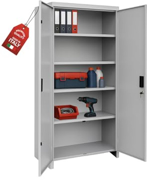 OWIJI Armadio Tuttopiani Metallo Armadietto 2 Ante Premium Quality Made in Italy 180x40x80 cm Porte Battenti 5 Ripiani Regolabili Serratura Chiave Casa Ufficio Garage Ripostiglio Mobile Archivio
