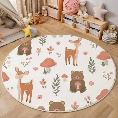 Kinder Teppich Kinderzimmer Waldtiere Bären-Hirsch-Pilz Kinder Teppich Babyzimmer Weicher Flor,Orange-rosa, 100cm Rund für Kinderzimmer, Babyzimmer und Spielzimmer