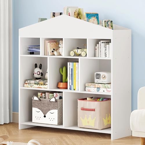 Bibliothèque Enfant, Bibliothèque en Bois pour Enfants avec 9 Cubes de Rangement, avec Kit Anti-basculement, Rangement de jouets pour les tout-petits pour la salle de jeux, la chambre d'enfants