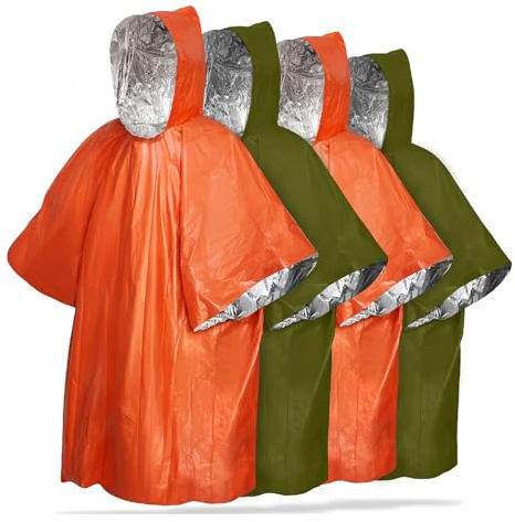 PANYI 4pc Emergency Poncho Foil Blankets Poncho Waterproof Retention and Rain Reversible with Hood adultUnisex and Suitable for Camping and Hiking