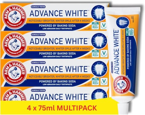 Arm & Hammer Advance White Toothpaste, Whiter Smile, 4 x 75ml Multipack | Baking soda formula, For a brighter, cleaner look, Freshens breath, For daily use