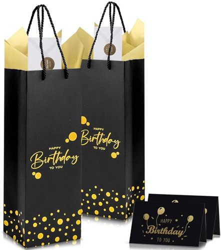 2 Pack Birthday Gift Bags for Bottles, Black Wine Gift Bags with 4Pcs Tissue Paper & 2Pcs “Happy Birthday” Gift Cards, Spirits Tote Bag Bottle Bags for Man Women Birthday Party Supplies