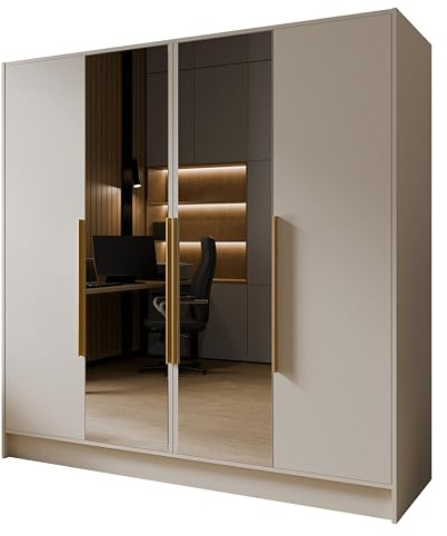 Margaret Hadas24 Drehtürenschrank Goya Kleiderschrank, Spiegel, Griffen, Push-to-Open Tip-ON, großer Stauraum, Regale, Glatte Türen (Kaschmir, goldene Griffe, mit Spiegel, 200 cm)