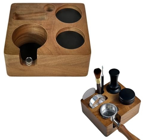 Coffee Tamping Station for 58mm Portafilters, Solid Wood Espresso Tamper Holder, Multi-Function Coffee Tamper Stand Organizer with Tamper Holder, Distributor Slot and Accessory Storage (58mm)