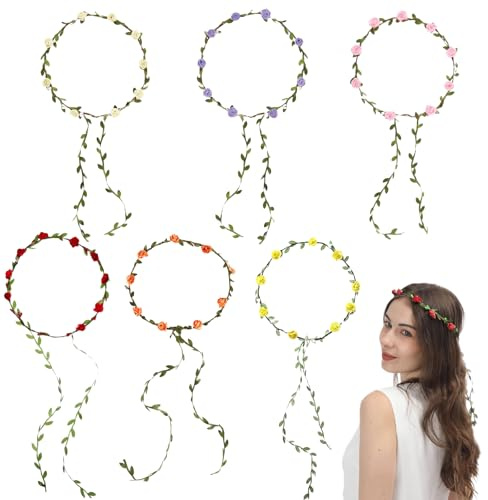 AUGTYRLV Ghirlande Floreali per Capelli, 6 Pezzi, Multicolore | Bianco, Viola, Giallo, Rosso, Rosa, Arancione, Per Matrimoni, Per Festival, Per Feste Eleganti