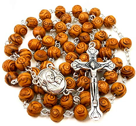 Nazareth Store Geschnitzte Olivenholz Perlen Katholisches Gebet Rosenkranz Halskette Heilige Boden Medaille & Metallkreuz